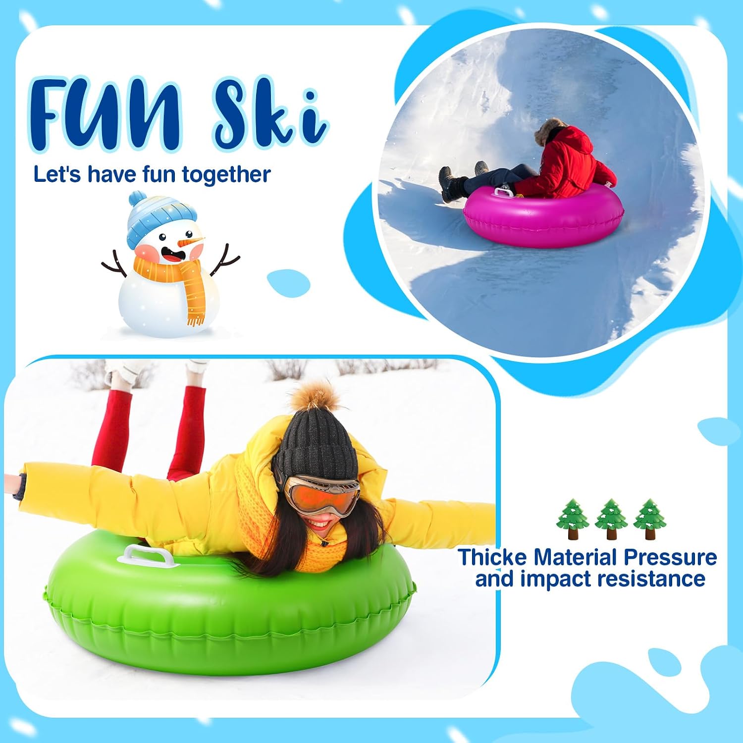 Shappy 2 Pack 36'' 40'' 47'' Snow Tube Inflatable Snow Sleds Heavy Duty Sleds Adults for Winter Outdoor Sports Toboggan with Handles Thickened Bottom